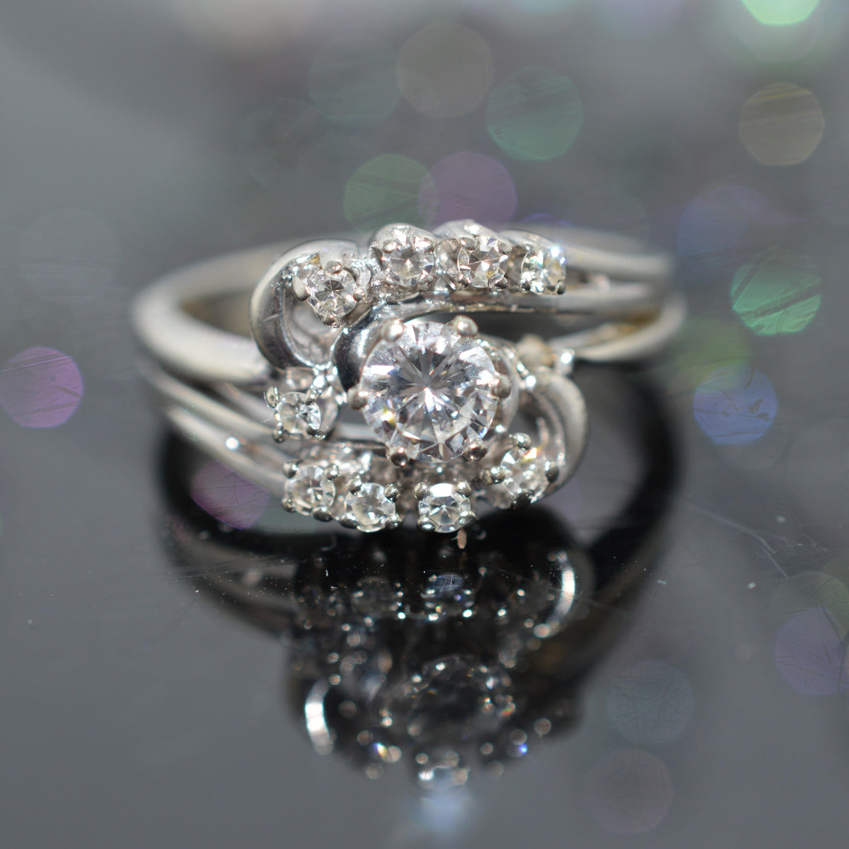 14K White Gold Diamond 2 Piece Engagement Ring Set Welded Together