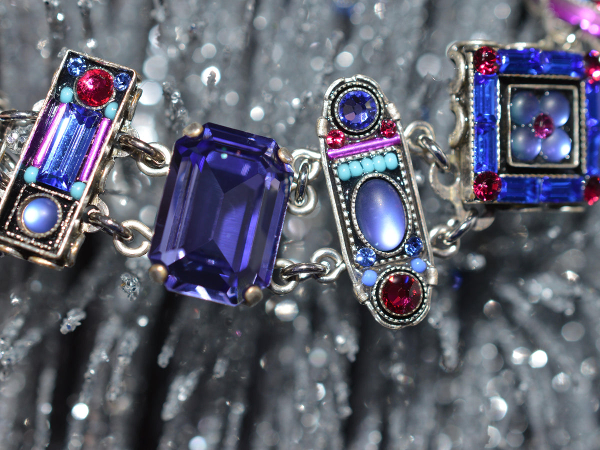Antique Silver Plate La Dolce Vita Bracelet With Tanzanite Color Crystals by Firefly