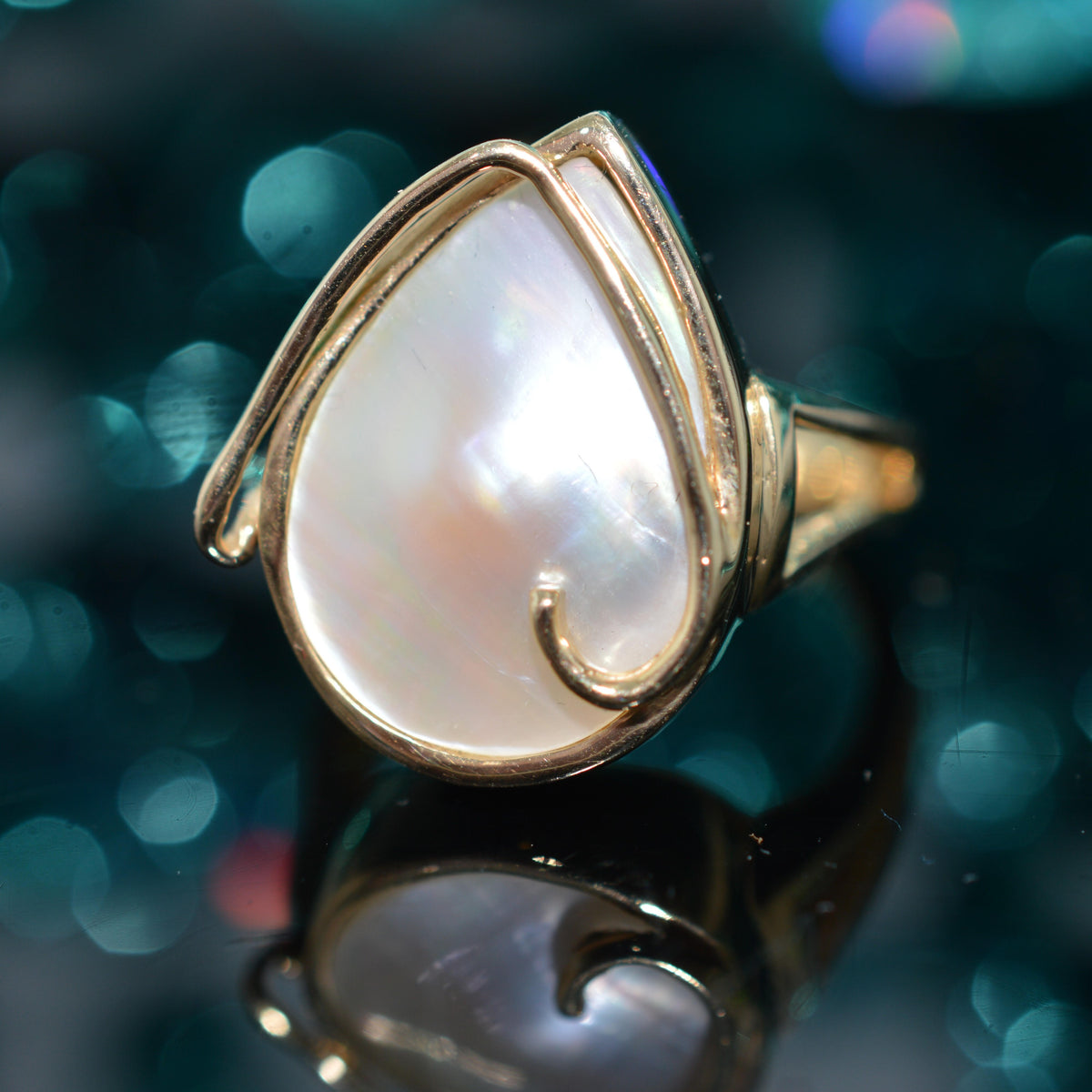 14K Yellow Gold Ring With Teardrop Shape Blister Pearl