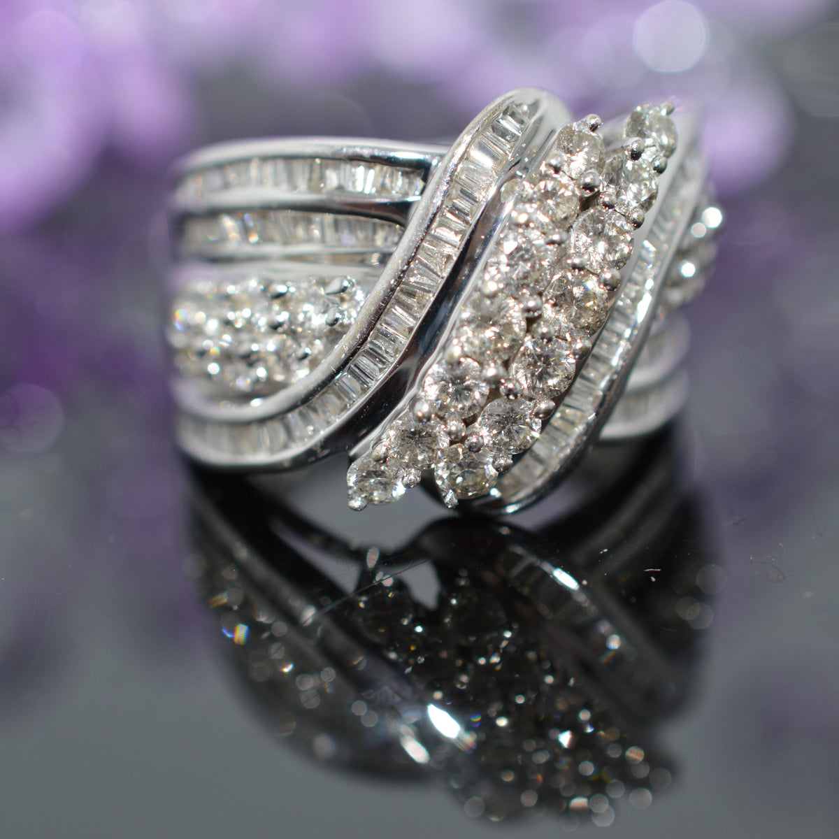 14K White Gold Wide Diamond Band Ring With More Than 3 Carats Of Diamonds