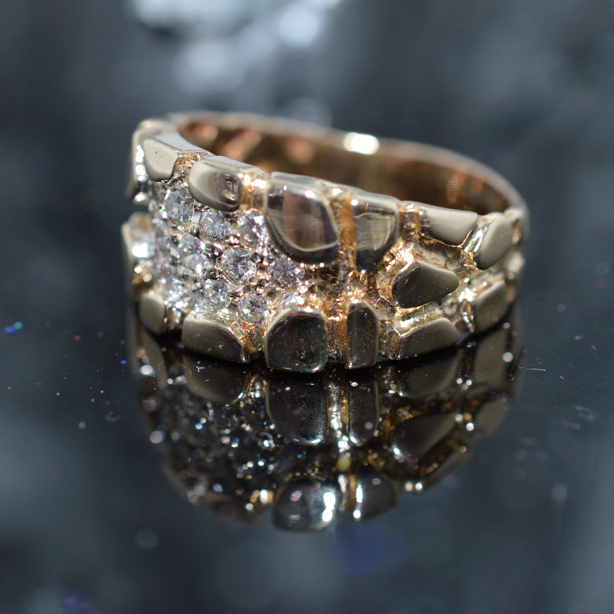 14K Yellow Gold Gents Diamond Cluster Nugget Ring