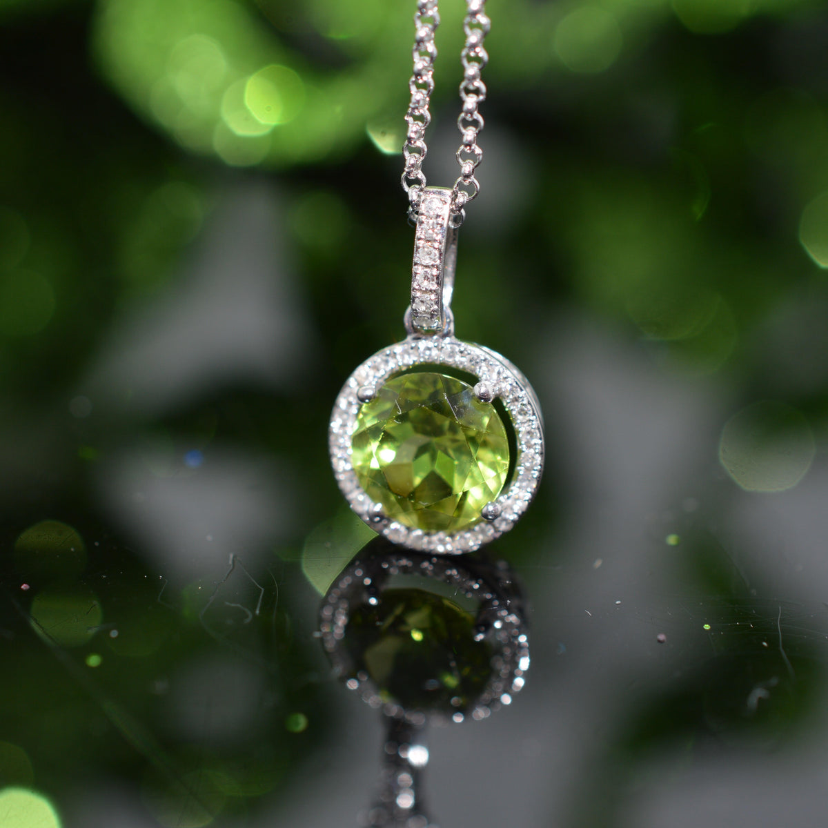 14K White Gold Round Peridot With Diamond Halo Necklace