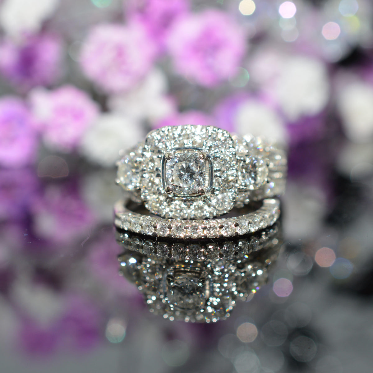 14K White Gold Cushion Cut Diamond Engagement Ring With 2 Diamond Bands
