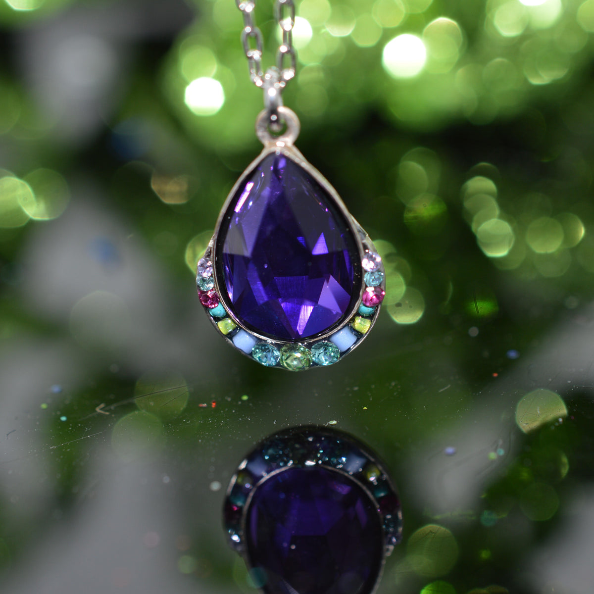 Antique Silver Plated Carmel Drop Purple Crystal Pendant by Firefly