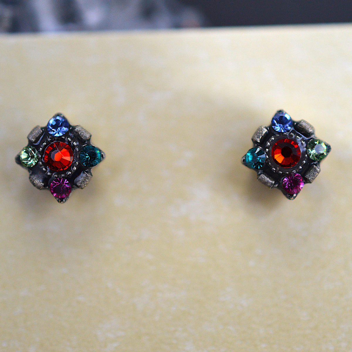 Antique Silver Plated Orange Dulce Mini Stud Earrings With Multi-Colored Crystals by Firefly