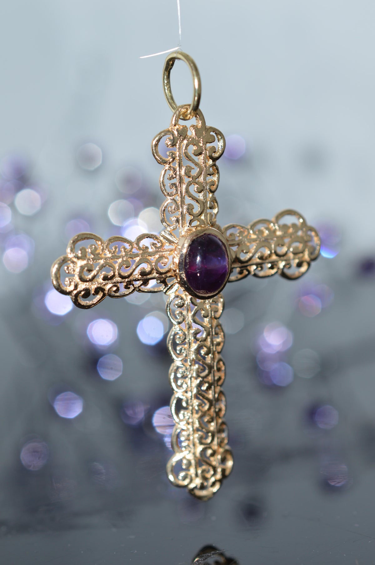 14K Yellow Gold Large Ornate Cross With Cabochon Amethyst