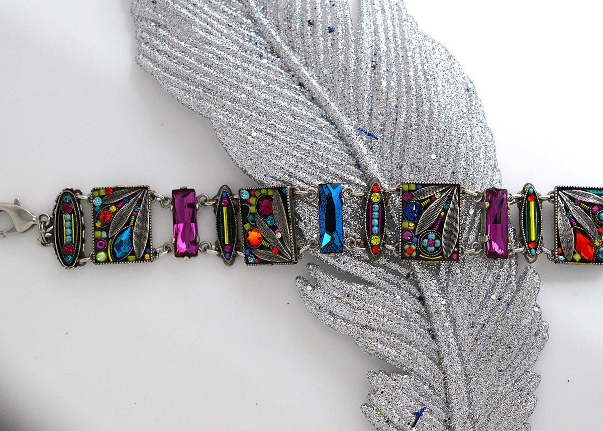 Antique Silver Plate Wide Botanical Bracelet With Multi-Color Crystals by Firefly