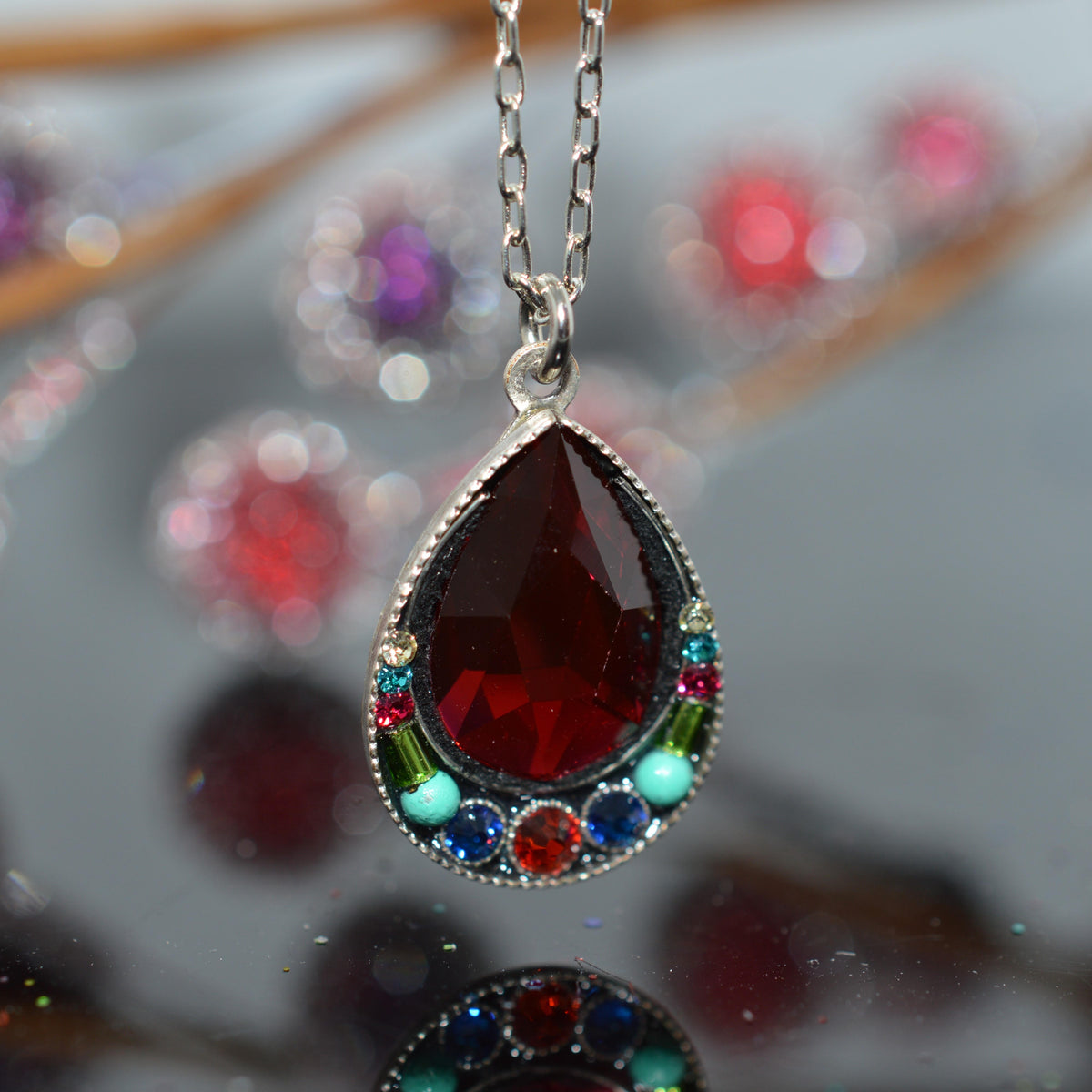 Antique Silver Plated Elizabeth Drop Multi-Color Crystal Pendant by Firefly