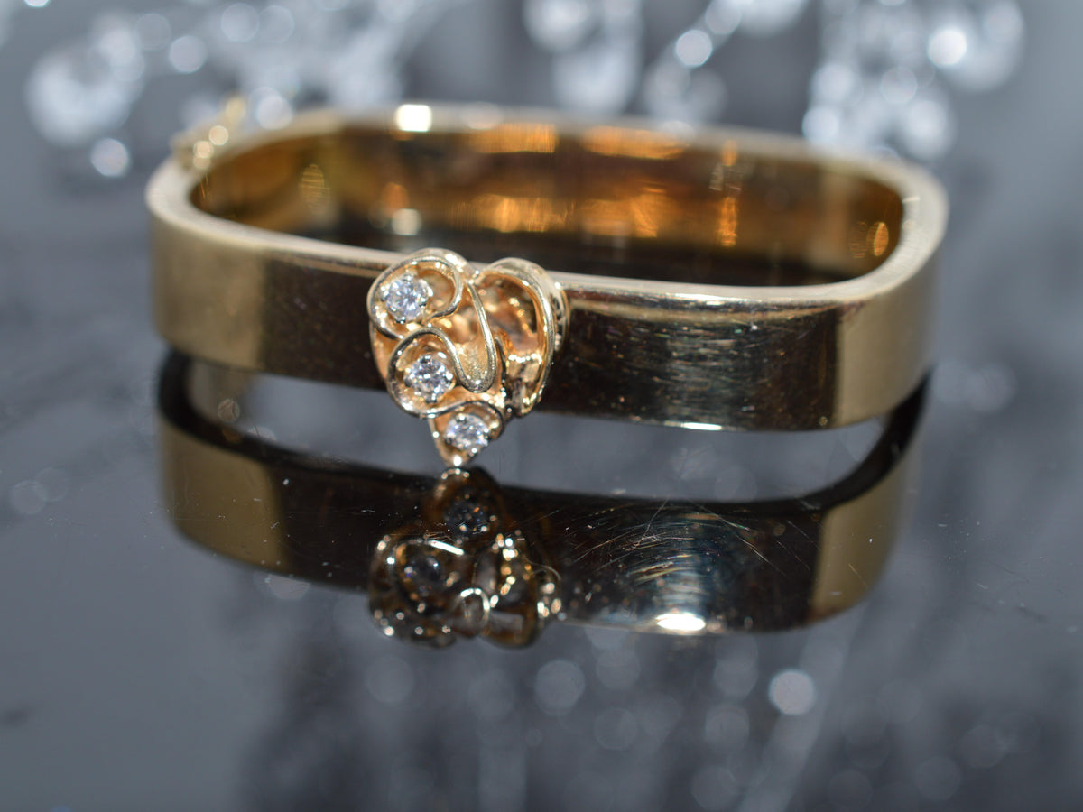 14K Yellow Gold Squarish Bangle Bracelet With 3 Round Diamonds