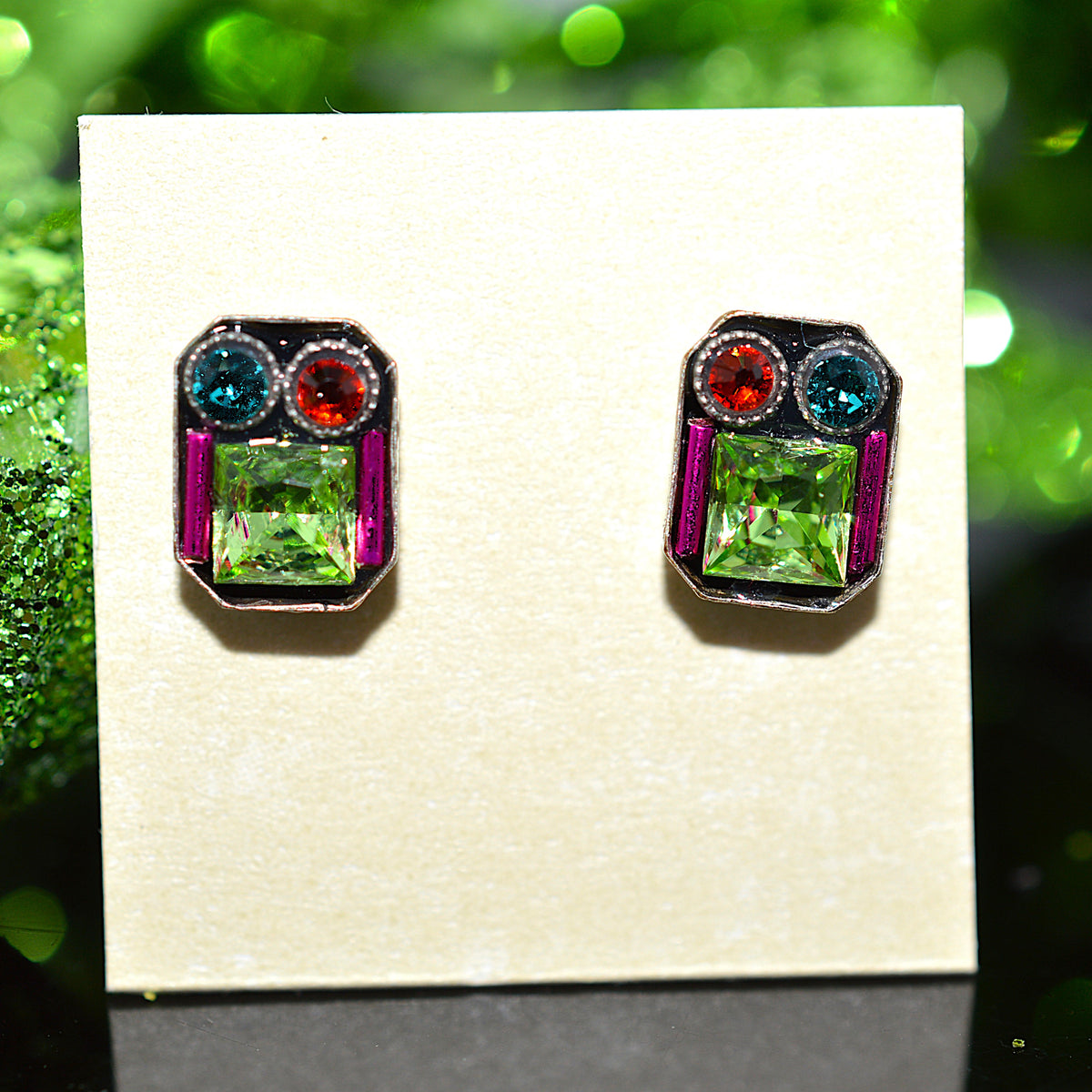 Antique Silver Plated Rectangular Architectural Stud Earrings With Peridot Crystals by Firefly