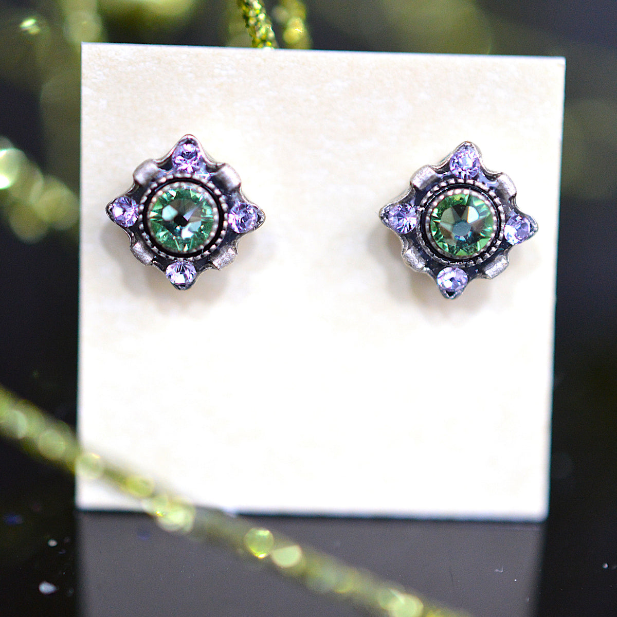 Antique Silver Plated Dulce Petite Stud Earrings With Chrisolite Color Crystals by Firefly