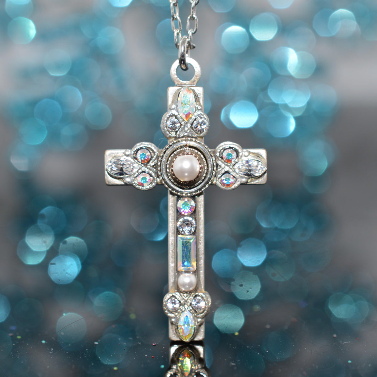 Antique Silver Plated Delicate Pearl And Crystal Cross Pendant by Firefly