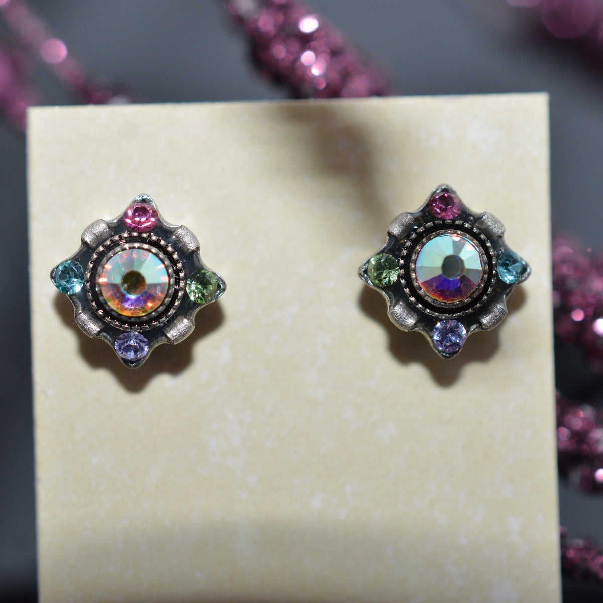 Antique Silver Plated Dulce Petite Stud Soft Multi-Color Crystal Earrings by Firefly