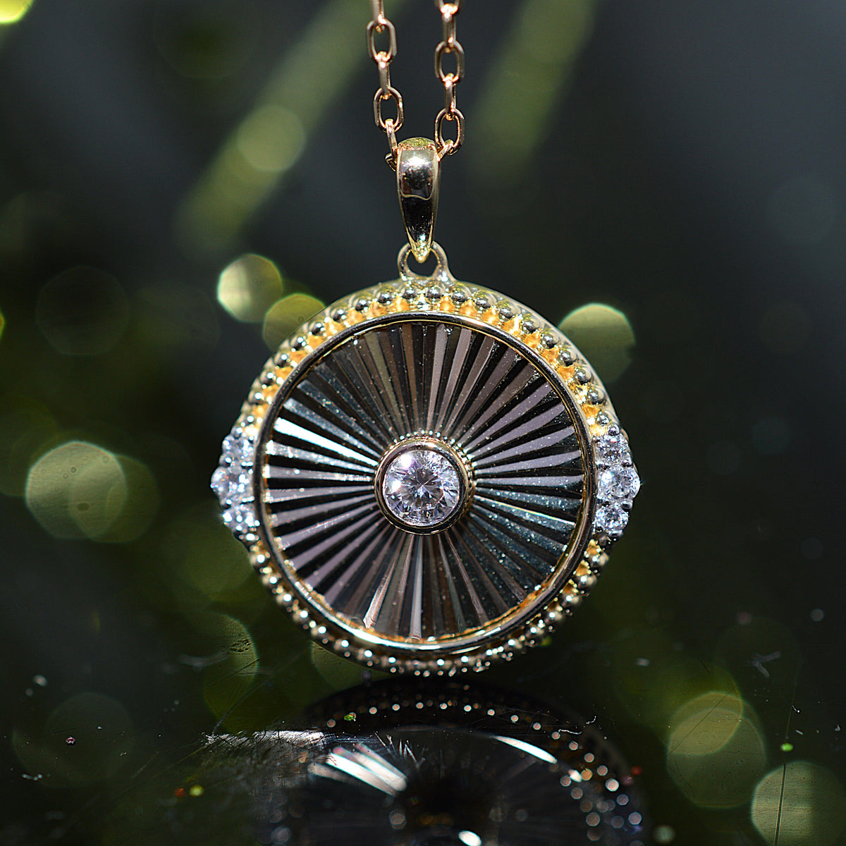 14K Yellow Gold Art Deco Inspired Round Sunburst Diamond Pendant With Chain