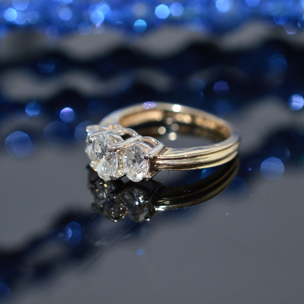 14K Two Tone Gold Past, Present, Future Diamond Ring With 3 Oval Diamonds