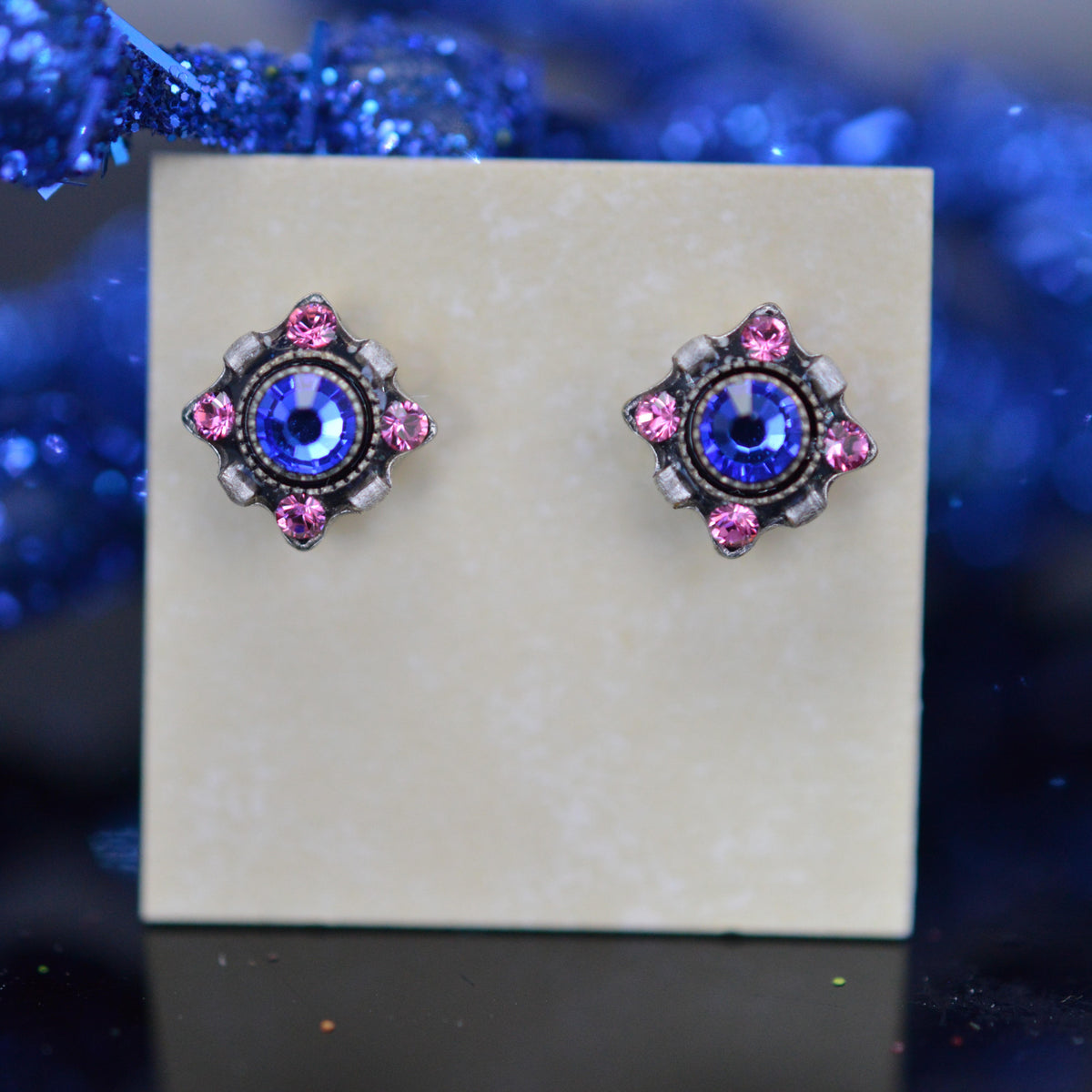 Antique Silver Plated Square Dulce Petite Sapphire Crystal Earrings by Firefly