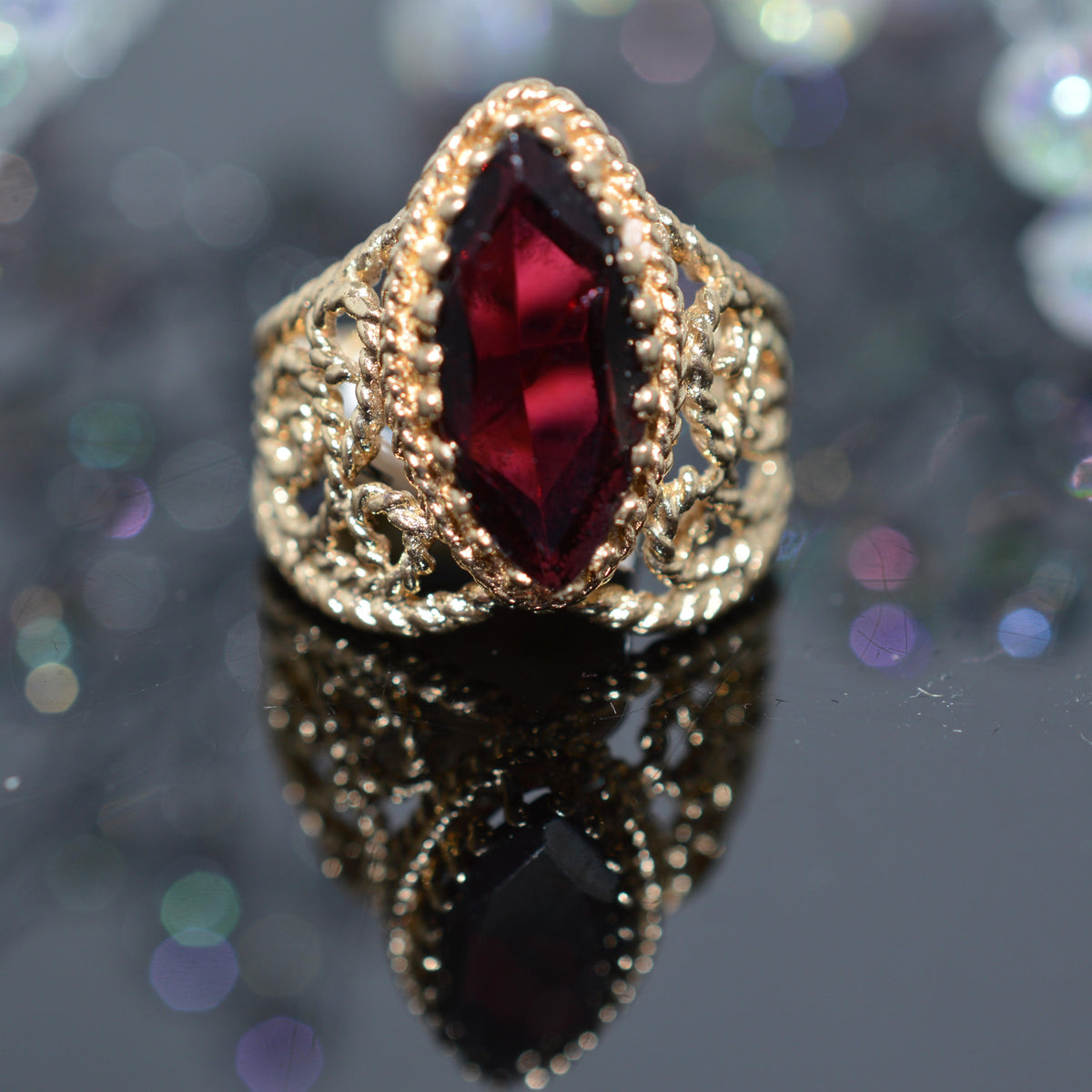 14K Yellow Gold Marquise Cut Garnet Filigree Ring