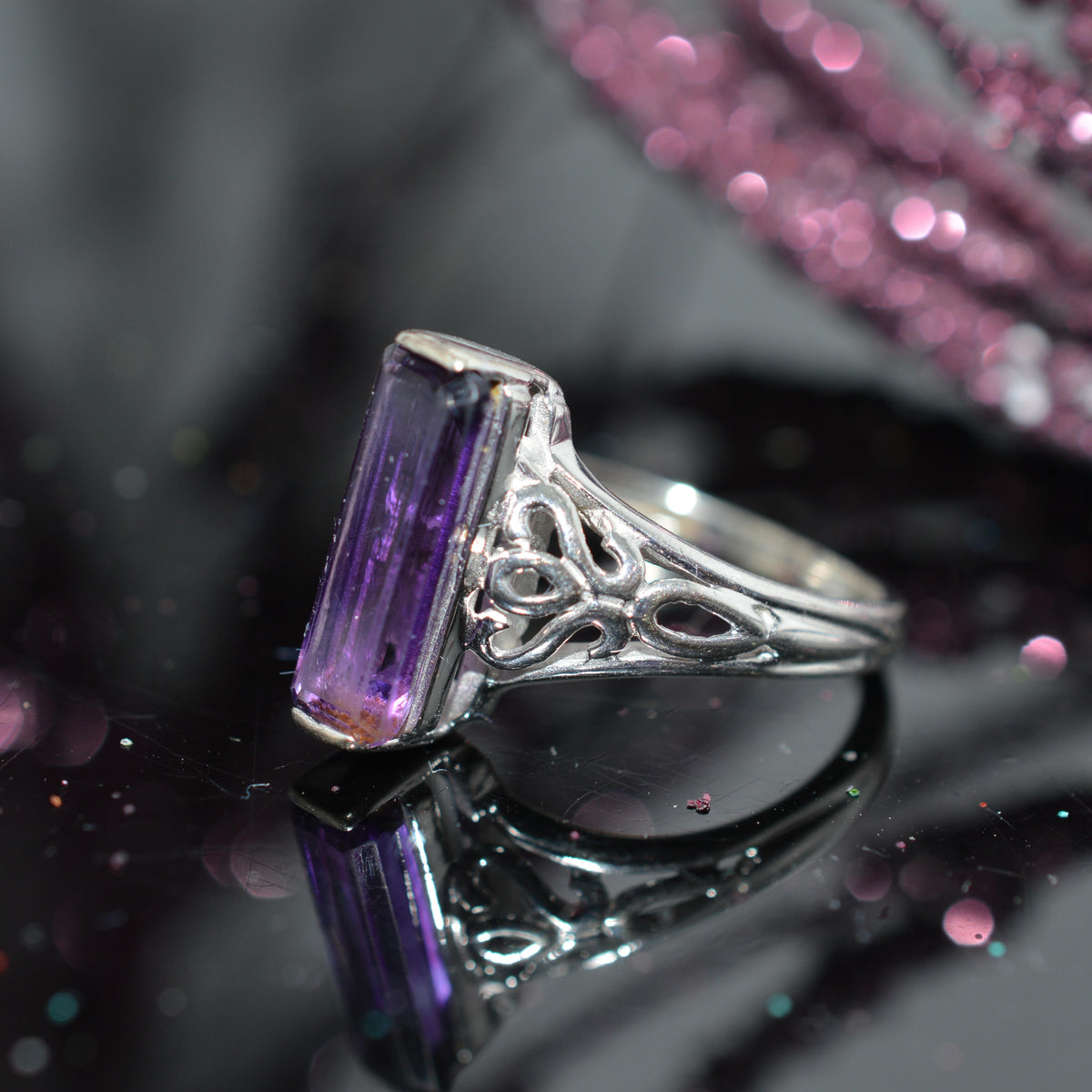14K White Gold Ring With Long Baguette Cut Amethyst