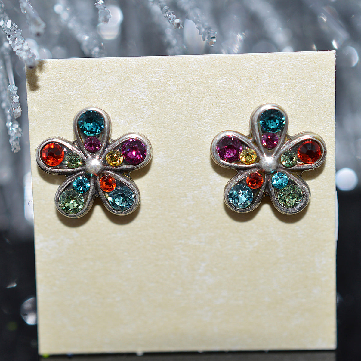 Antique Silver Plated Petite Fleur Stud Earrings With Multi-Color Crystals by Firefly