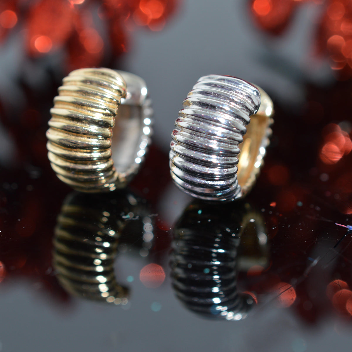 14K Two Tone Gold Reversible Ribbed Huggie Earrings