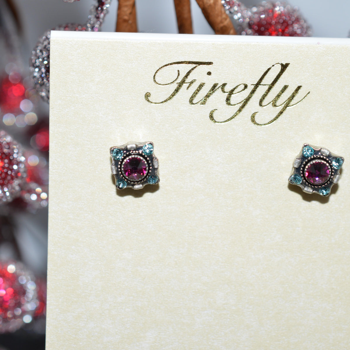 Antique Silver Plated Fuchsia Crystal Dulce Stud Earrings By Firefly