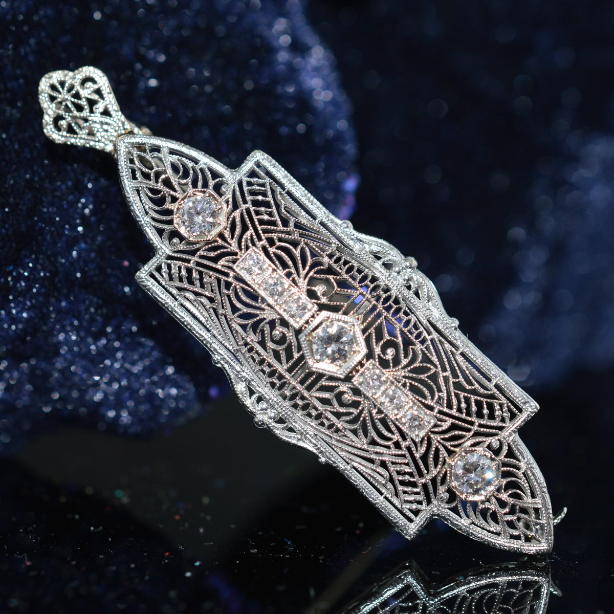 14K White Gold Antique Filigree Diamond Pin & Pendant