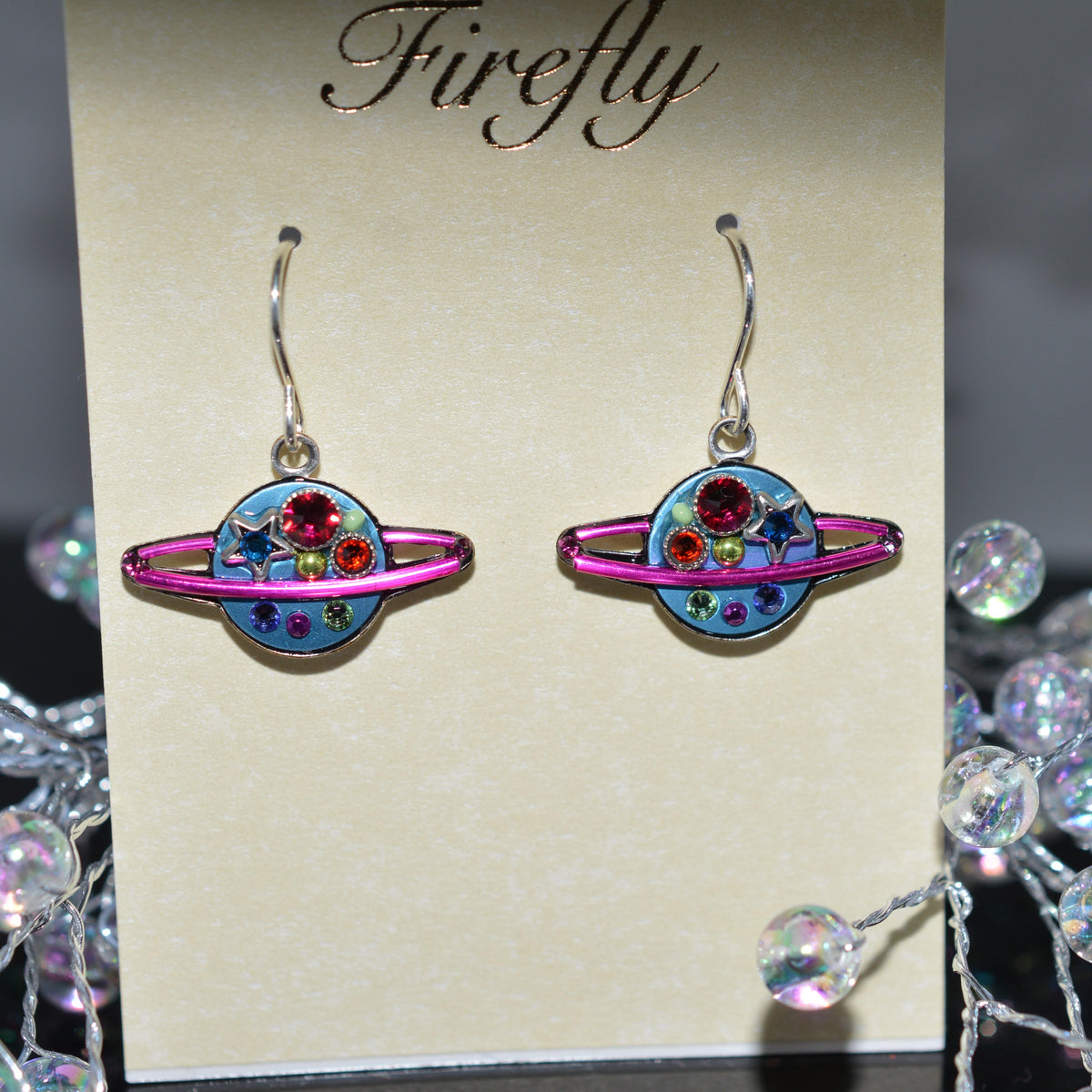 Antique Silver Plated Multi-Color Crystal Saturn Earrings by Firefly