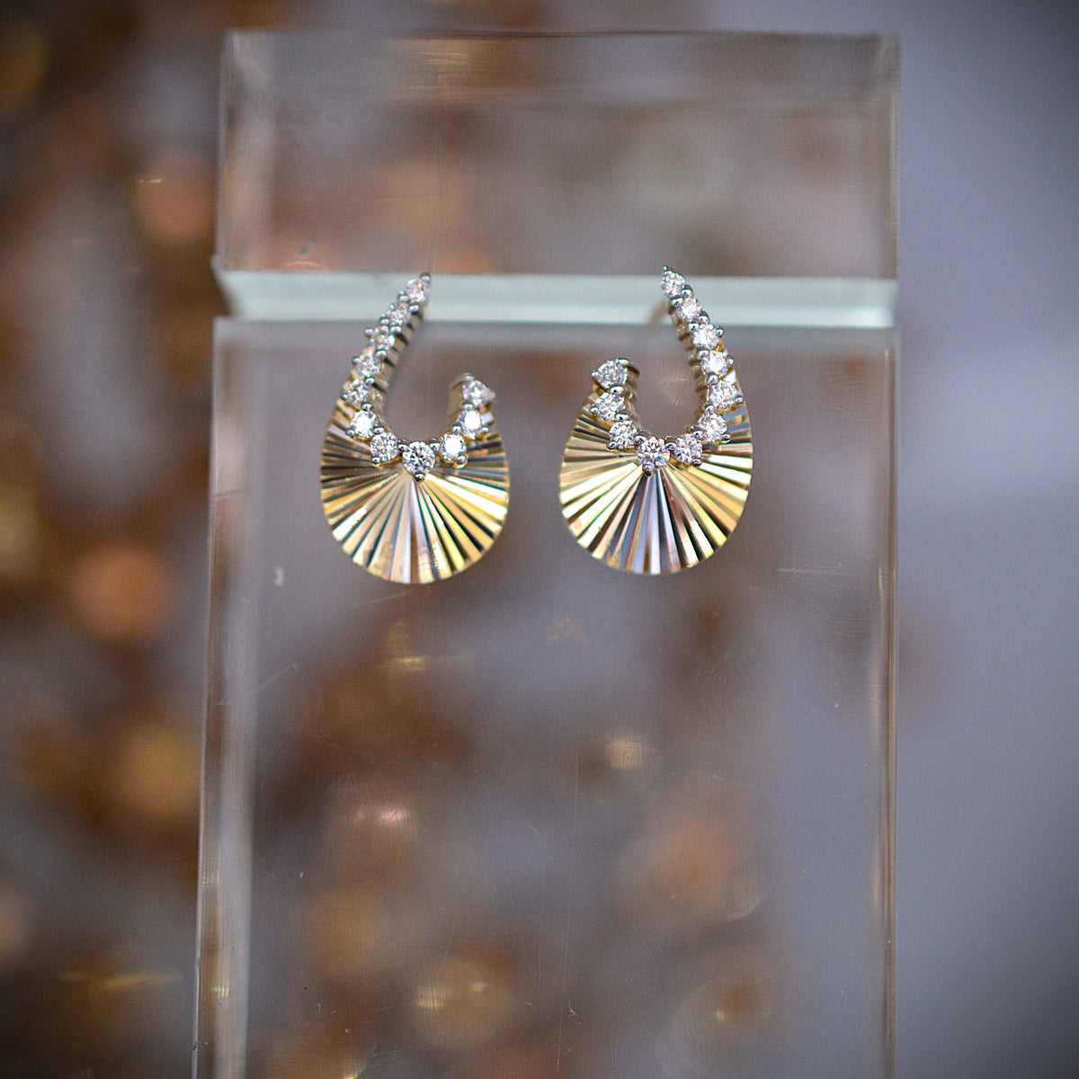 14K Yellow Gold Art Deco Style Fan Shape Sunburst Diamond Earrings