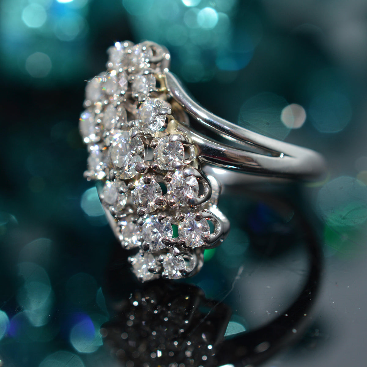 14K White Gold Flat Waterfall Diamond Cluster Ring