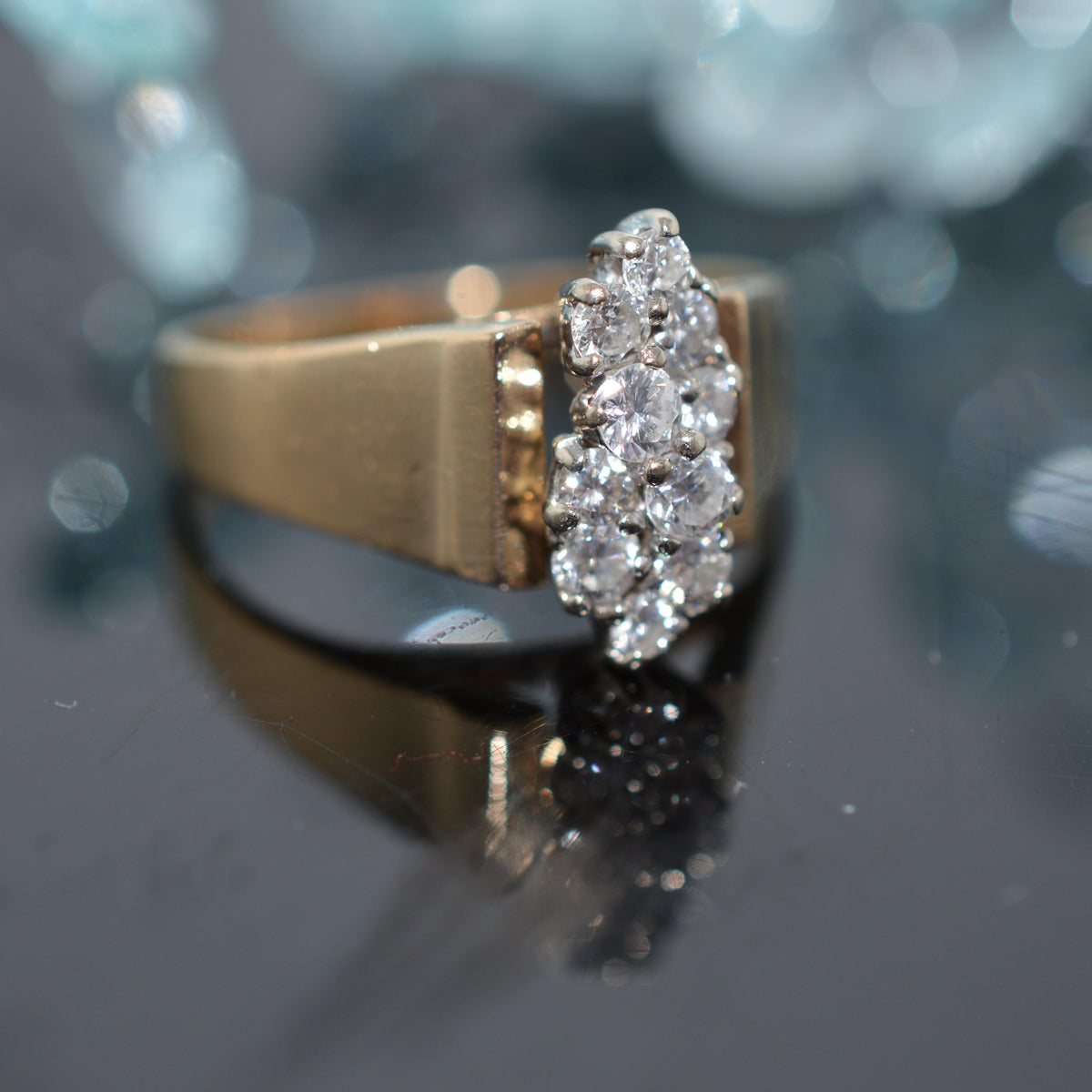14K Yellow Gold Diamond Cluster Ring With Wide Band