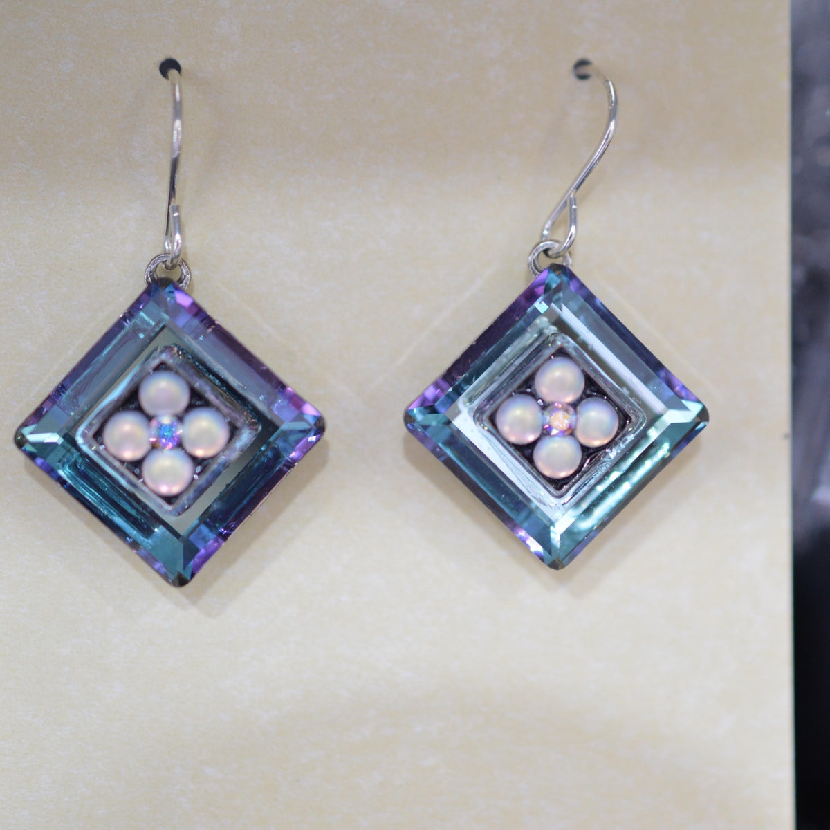 Antique Silver Plated Square La Dolce Vita Crystal Earrings by Firefly