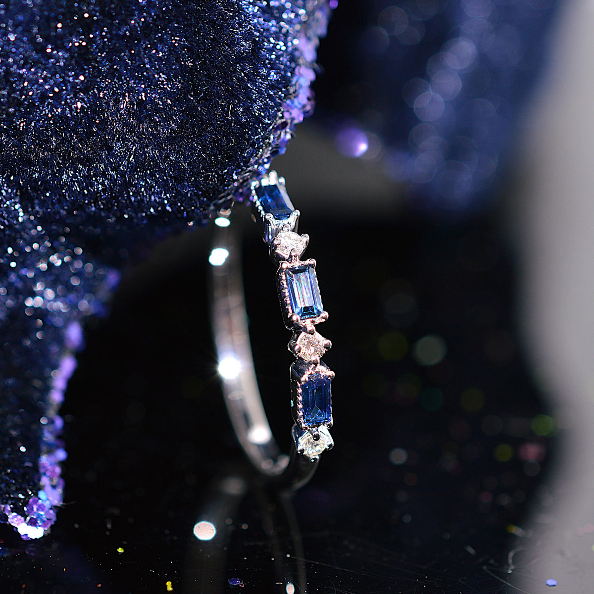 14K White Gold Baguette Genuine Sapphire & Diamond Anniversary Ring