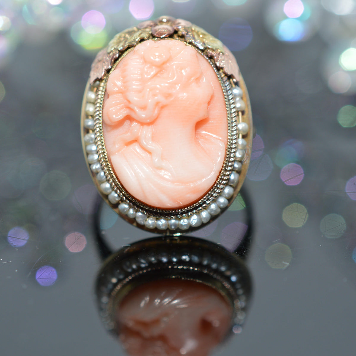 14K Tri-Color Gold Ring With Cameo And Seed Pearls On Wire