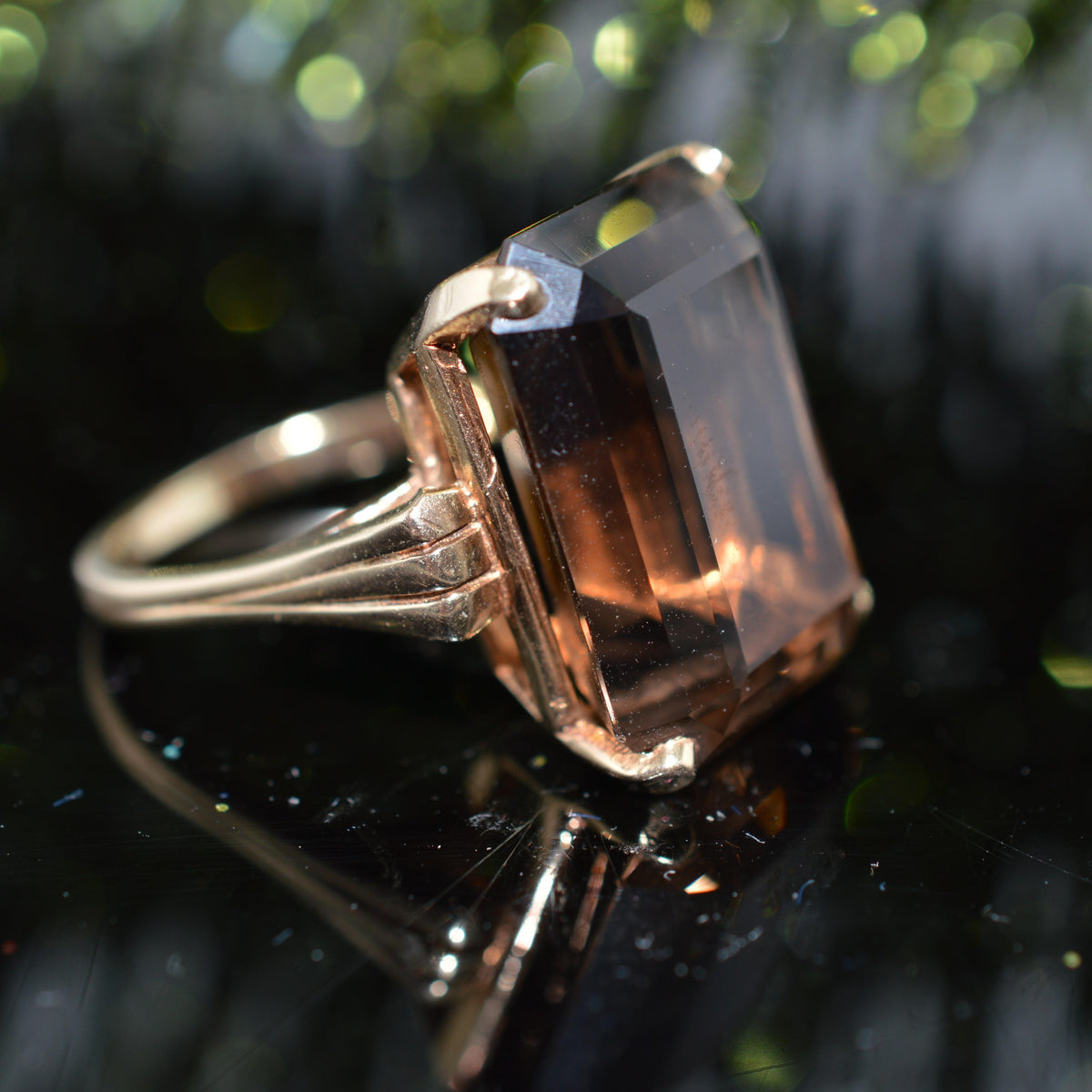 Large 14K Yellow Gold Vintage Emerald Cut Smoky Quartz Ring