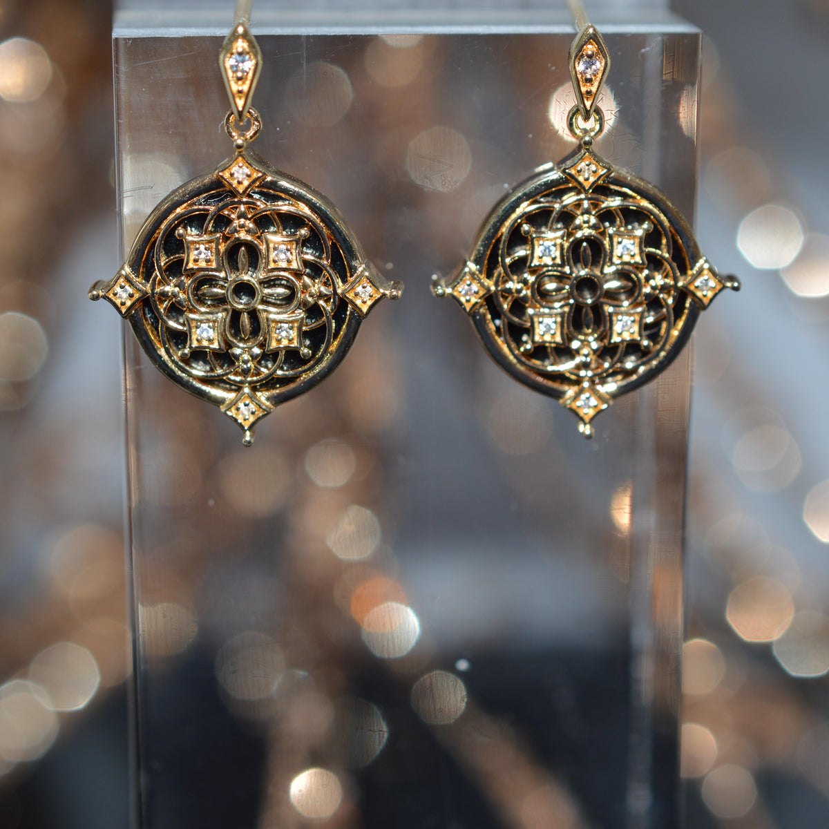 Gold Vermeil Earrings With Round Black Onyx And White Sapphires