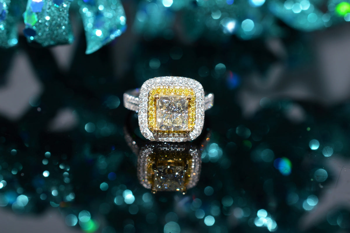 Two Tone Double Halo Princess Cut Diamond Engagement Ring