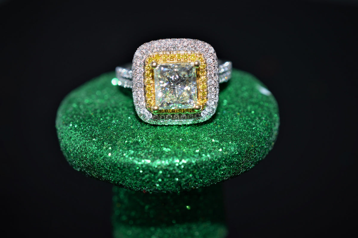 Two Tone Double Halo Princess Cut Diamond Engagement Ring