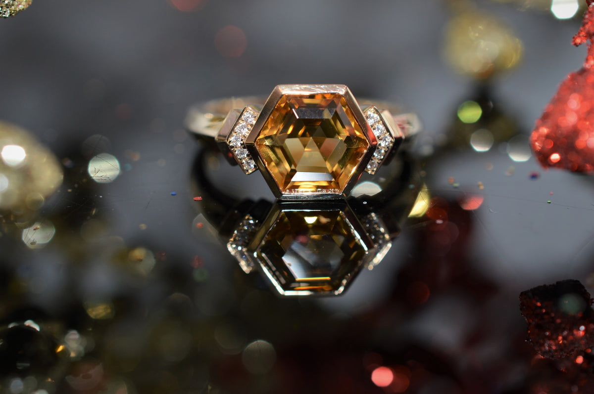 14K Yellow Gold Hexagonal Cut Citrine Ring with Diamonds
