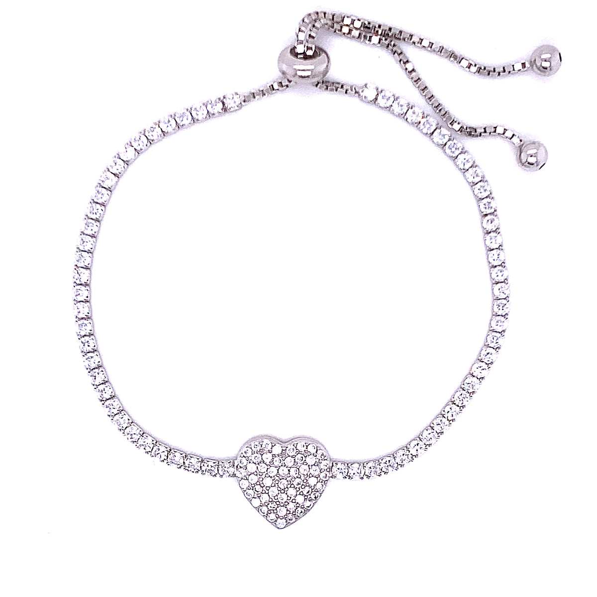 Sterling Silver and Cubic Zirconia Heart Bolo Bracelet
