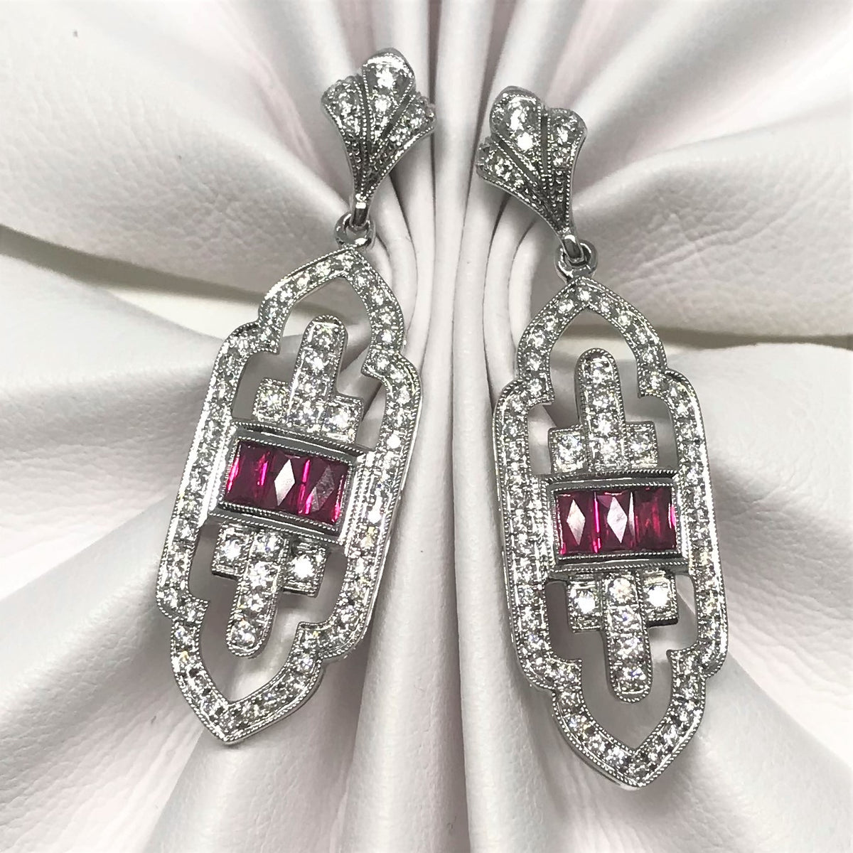 18K White Gold Art Deco Inspired Diamond And Ruby Earrings