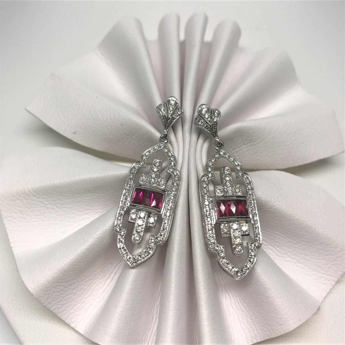 18K White Gold Art Deco Inspired Diamond And Ruby Earrings