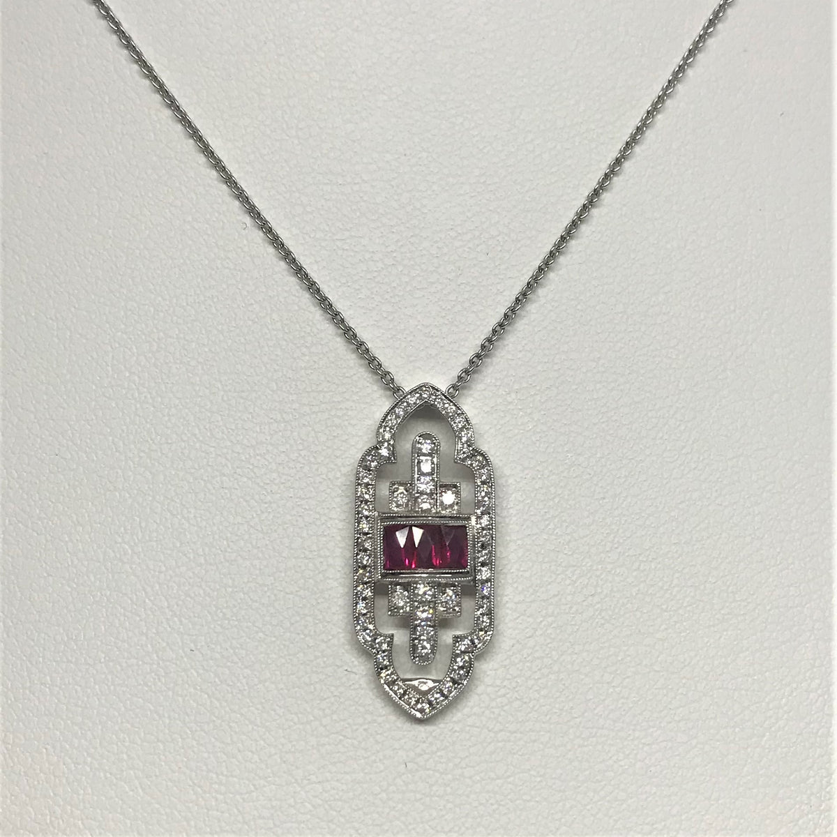 18K White Gold Art Deco Inspired Diamond And Ruby Necklace