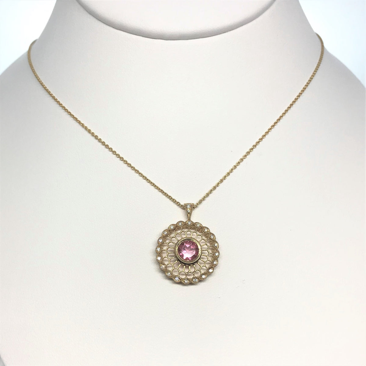 14K Yellow Gold Pink Tourmaline And Diamond Necklace