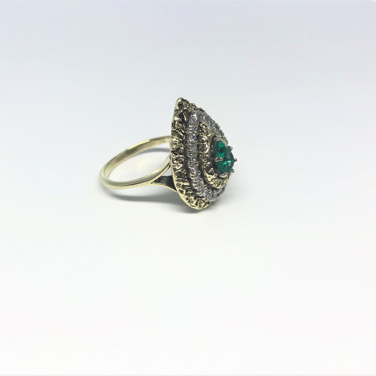 14K Yellow Gold, Teardrop Emerald Gold Nugget Design Ring