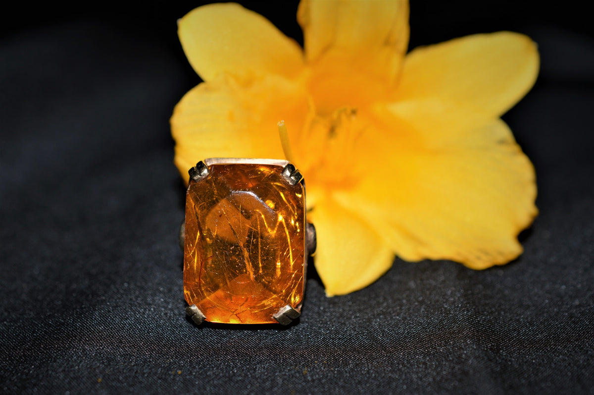 Ladies 10K Yellow Gold Large Genuine Emerald Cut Amber Ring