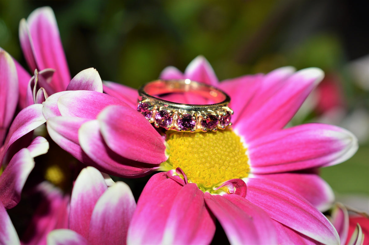 10K Yellow Gold Band Ring with Rhodolite Garnet Gemstones