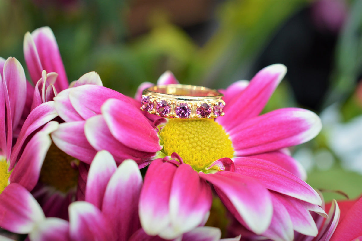 10K Yellow Gold Band Ring with Rhodolite Garnet Gemstones