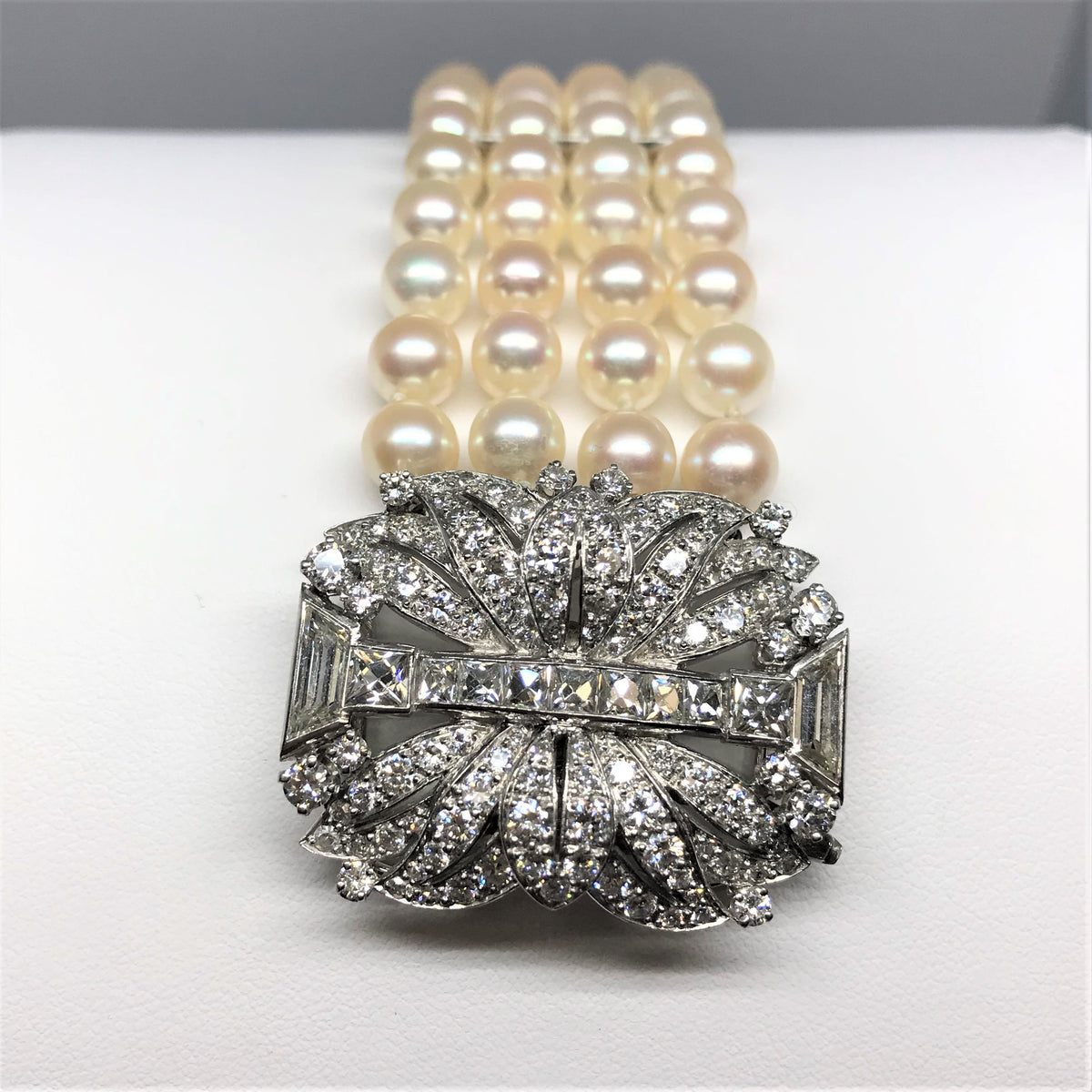 Platinum And 14K White Gold Art Deco Cultured Pearl Bracelet With A Diamond Clasp