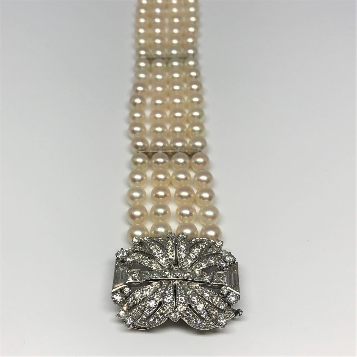 Platinum And 14K White Gold Art Deco Cultured Pearl Bracelet With A Diamond Clasp