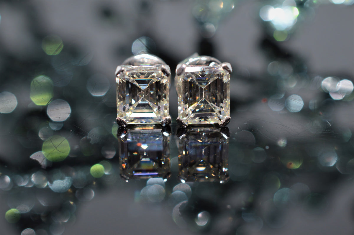 18K White Gold 4.17 Carat Emerald Cut Diamond Stud Earrings